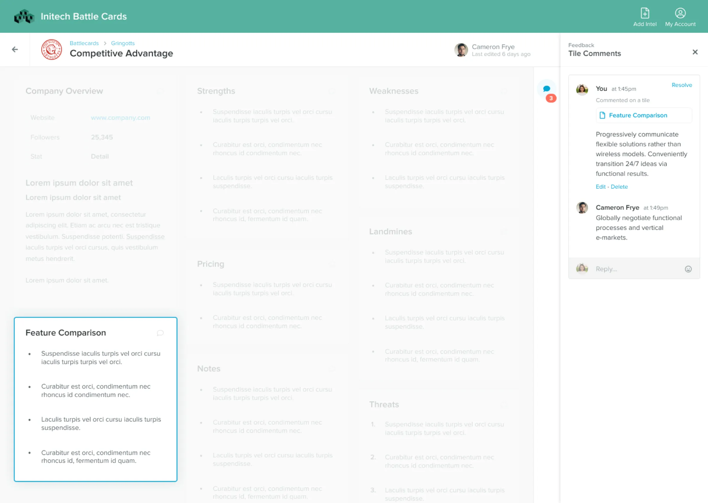 A battlecard with a comments panel showing a threaded conversation about one tile