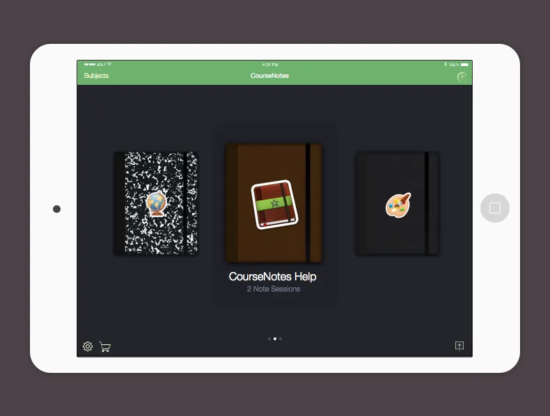 CourseNotes on an iPad, showing a shelf of notebooks