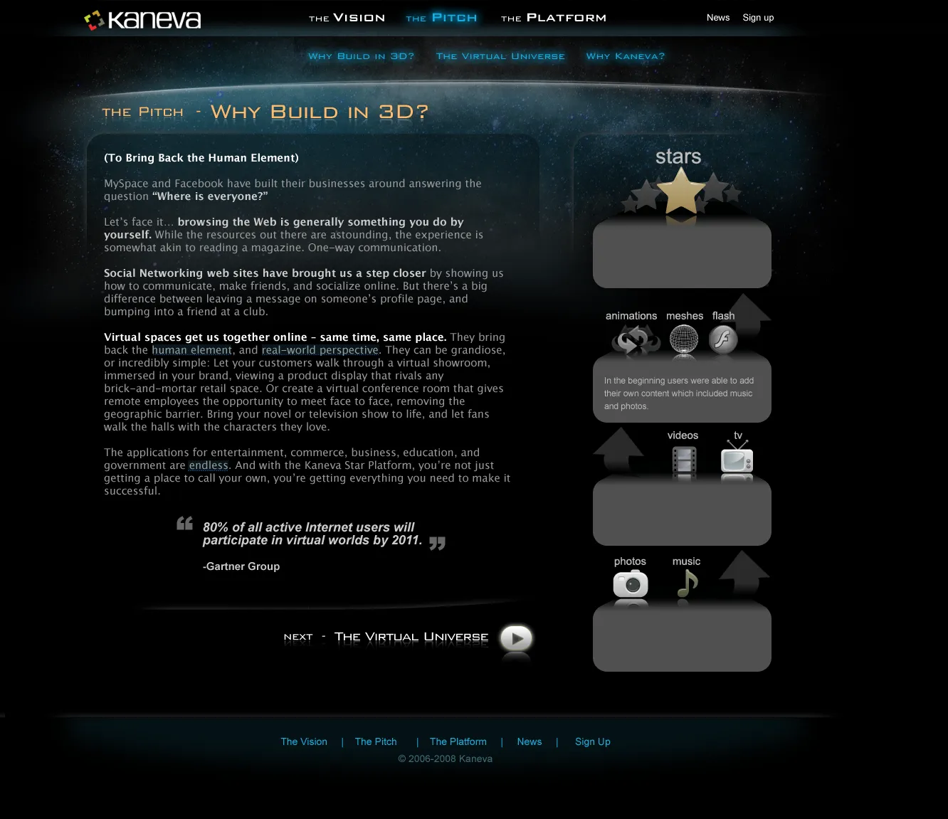 The Kaneva developer site, on a page titled The Pitch, Why build in 3D, with an explanation of virtual worlds and a diagram of content types