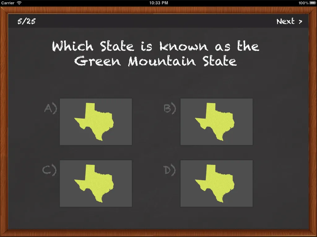 A Flash Quiz question on a chalkboard asking which state is known as the Green Mountain State