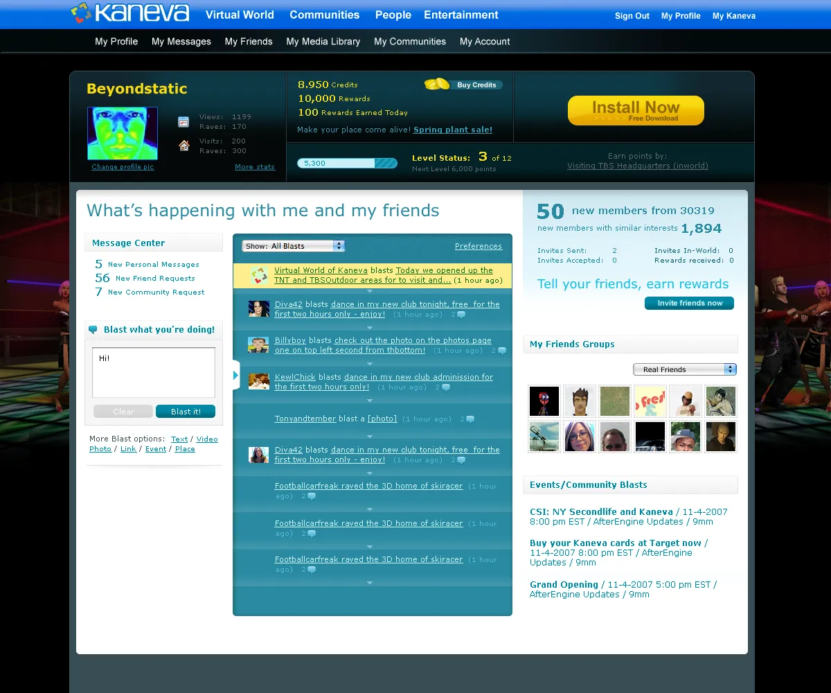 My Kaneva home page in a dark direction, with a member profile, credits, an Install Now button, a feed of blasts and a list of upcoming events