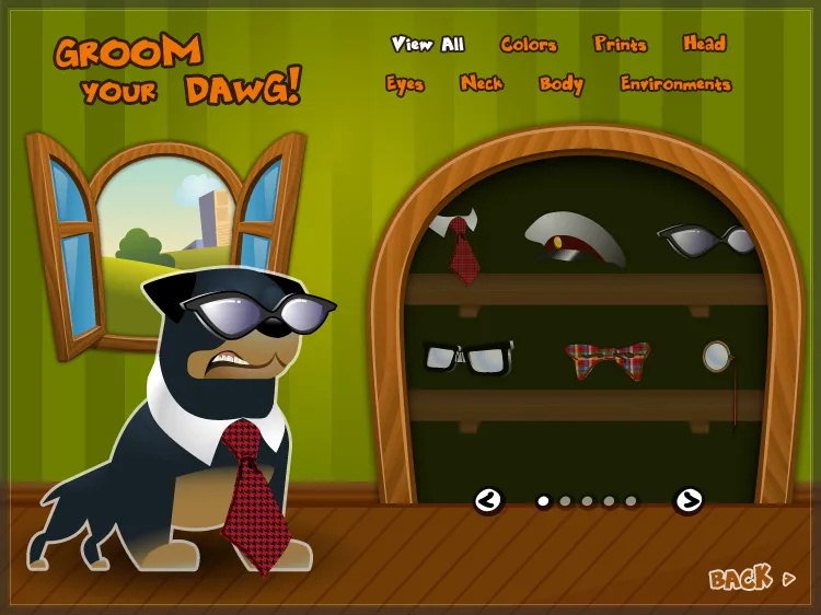 “Groom Your Dawg” pet game: dressing a dog with a tie and sunglasses from a shelf of accessories