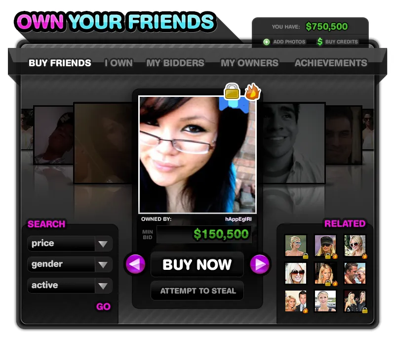 “Own Your Friends” game with a Buy Now button under a profile photo