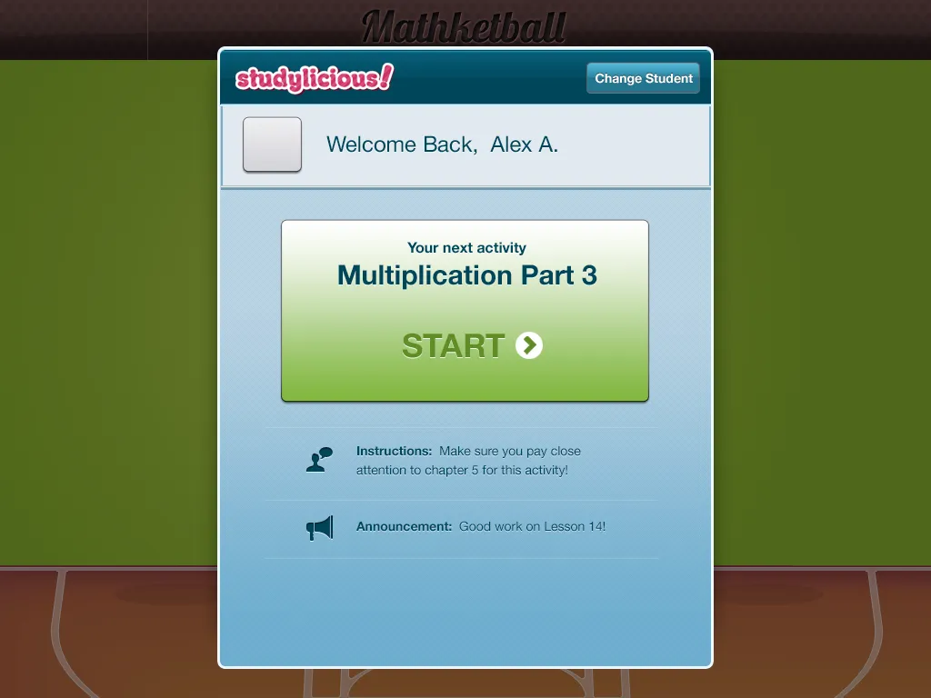 A Studylicious panel over Mathketball, saying Welcome back, with the next activity, Multiplication Part 3, and a Start button