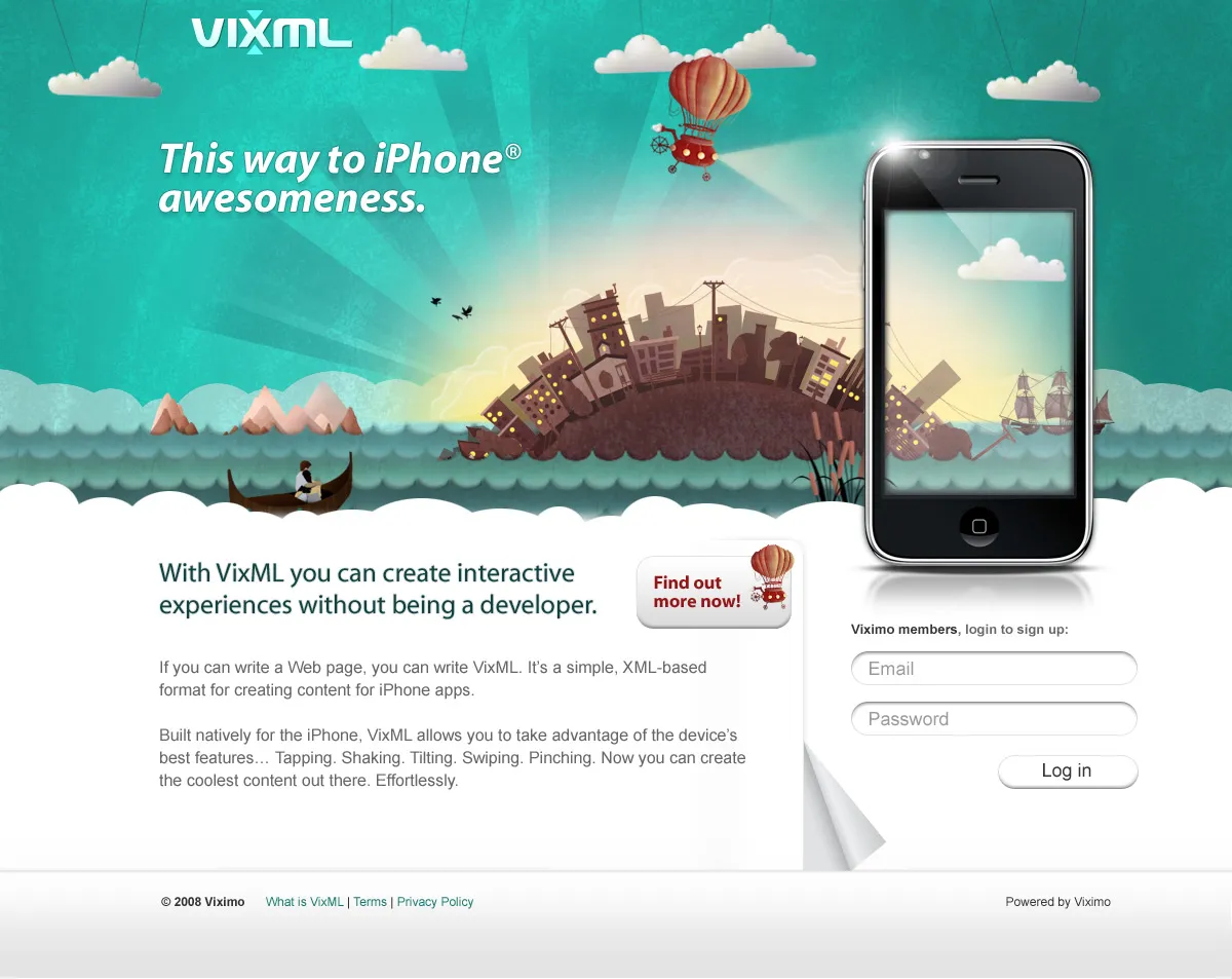 VixML landing page: “This way to iPhone awesomeness”