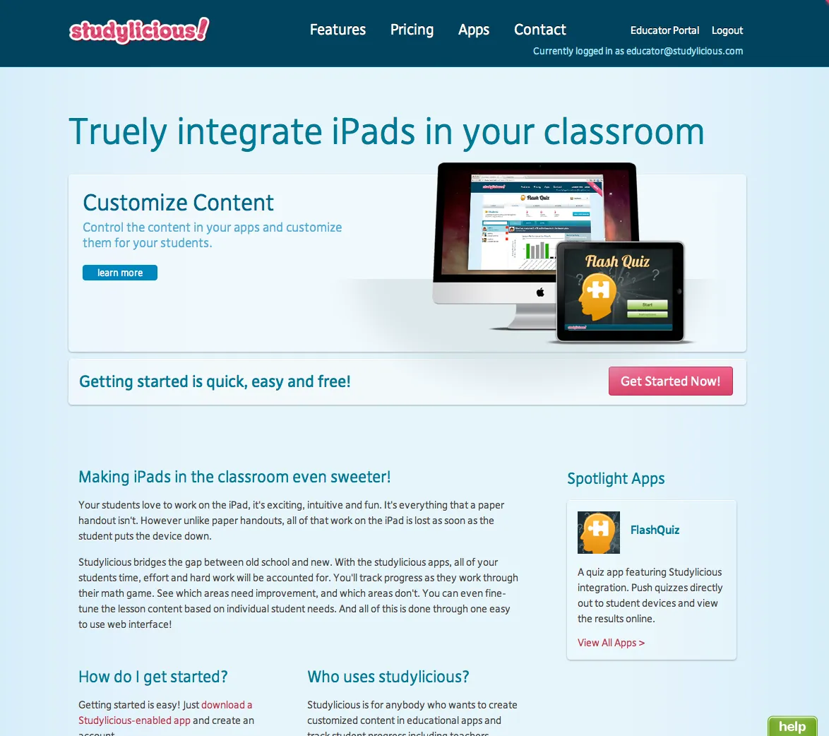 A comp of the Studylicious home page with the headline Truly integrate iPads in your classroom